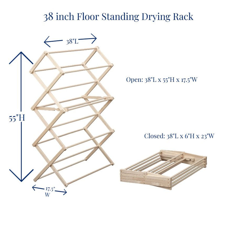 Our 36 inch Wooden Floor Standing Drying Rack is 55 inches tall when fully extended.