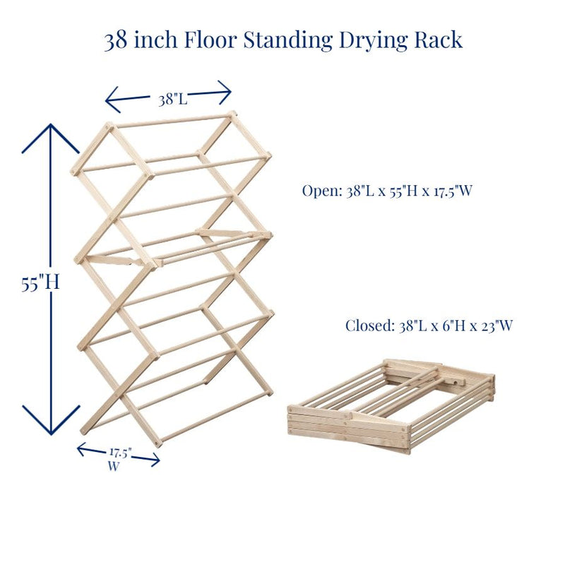 Our 36 inch Wooden Floor Standing Drying Rack is 55 inches tall when fully assembled and extended.