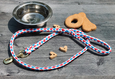 Red, White, and Blue Soft Braided Dog Leash for Dogs Up to 50 pounds available at harvestarray.com.