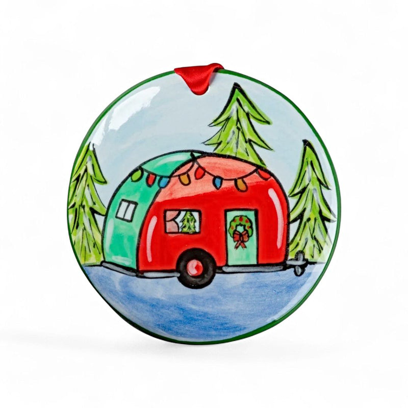 Hand-painted, ceramic Retro Camper Christmas Ornament by Nola Watkins. 3.5" x 3.5"