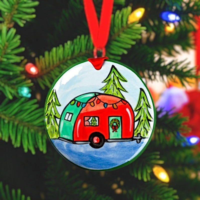 Hand-painted, ceramic Retro Camper Christmas Ornament by Nola Watkins now at Harvest Array. Order now, Quantities are limited.