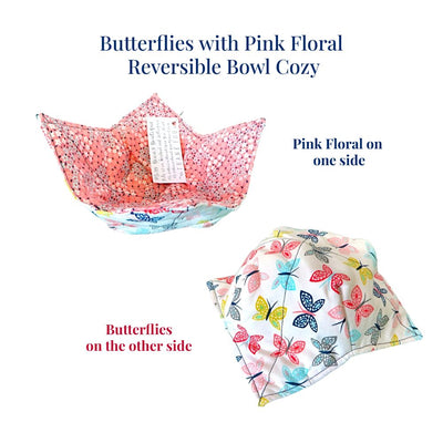 Butterflies with Pink Floral Reversible Bowl Cozy available at Harvest Array. Two patters in one cute cozy!