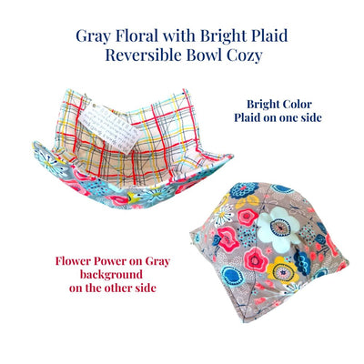 Harvest Array has a great selection of Reversible Microwavable Bowl Cozies like this Gray Floral and Bright Plaid one.