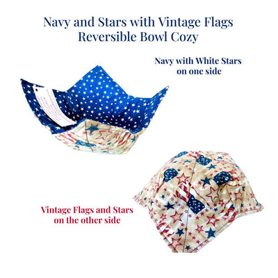 This Reversible Bowl Cozy has White Stars on a Blue Background on one side and Vintage Flags and Stars on the other.