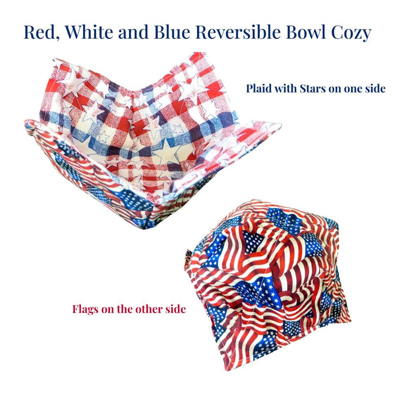 All our products we sell at Harvest Array are made in the USA like this Red, White, and Blue Reversible Bowl Cozy.