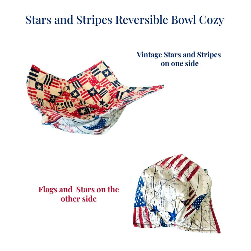 Our Stars and Stripes Reversible Bowl Cozy is very patriotic! Purchase online at harvestarray.com.