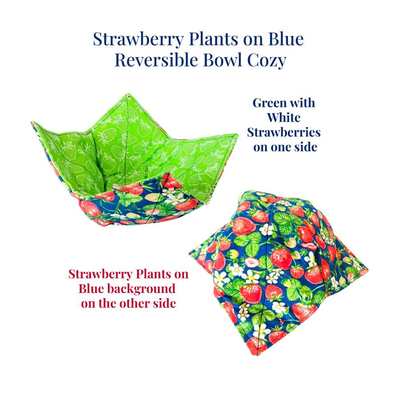 Keep your hands from freezing while eating a bowl of ice cream with this adorable Reversible Strawberry Plants on Blue Bowl Cozy from harvestarray.com. 