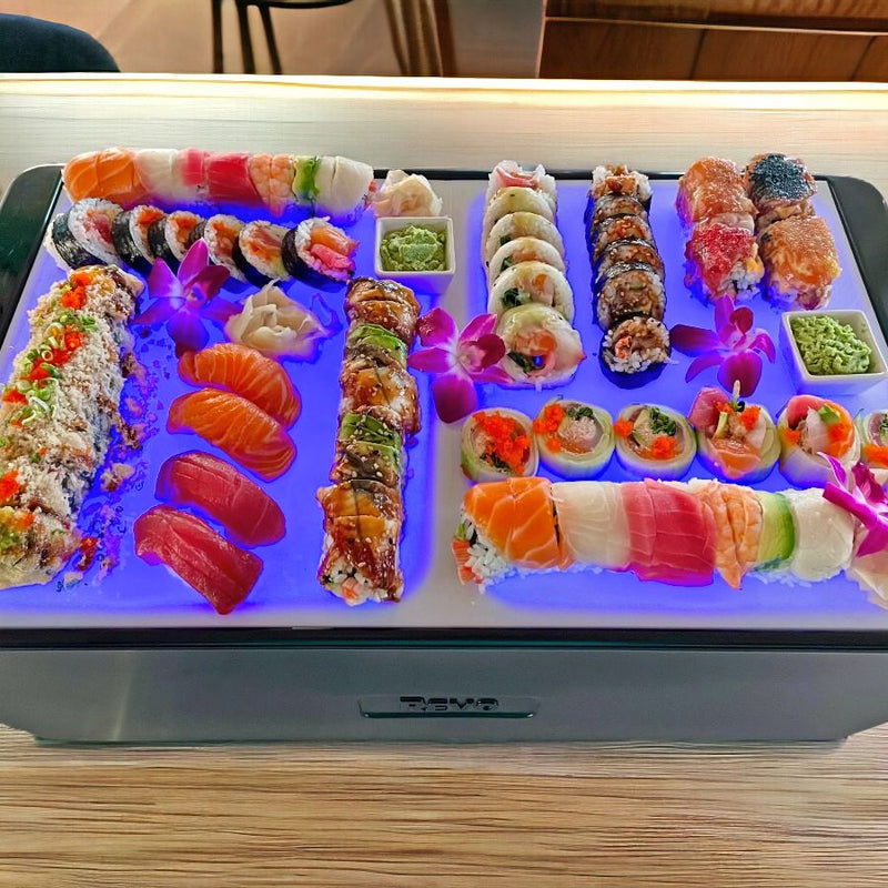 The solution to keeping Sushi cold is to use a REVO Dubler Cooler with the 2 Pack of Chill Boards (sold Separately at harvestarray.com.