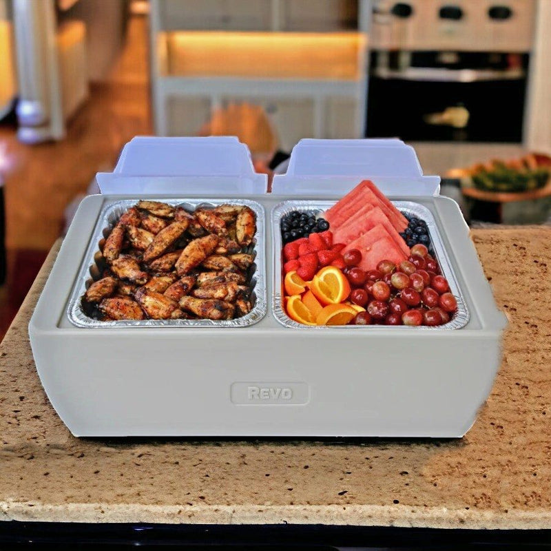 Keep Hot foods hot and Cold foods cold all -in-one Dubler by REVO Coolers. A 2 Pack of Microwavable Heat Packs can be purchased separately at Harvest Array.