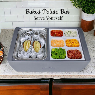 Make a fun potato bar for your family game night with our REVO Dubler Heat Flameless Chafer on one side and cold condiment trays on the other. 