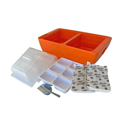 The Orange Burst Revo Dubler HEAT Flameless Chafer/Cooler includes 2 Lids, 3 Condiment Trays, an Ice Scooper, and 2 Microwavable Heat Packs. All Made in America.