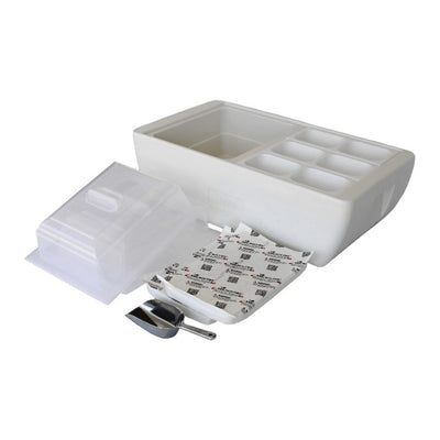 The Polar White Revo Dubler HEAT Flameless Chafer/Cooler includes 2 Lids, 3 Condiment Trays, an Ice Scooper, and 2 Microwavable Heat Packs. All Made in America.