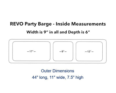 Inside and outer dimensions of the 3 compartment insulated Party Barge by REVO Coolers