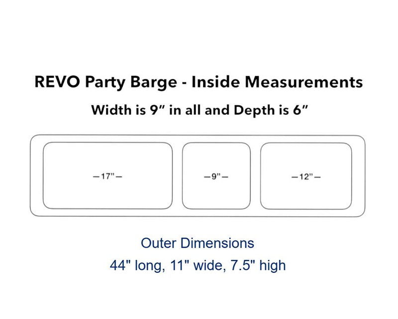 Inside and outer dimensions of the 3 compartment insulated Party Barge by REVO Coolers