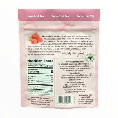 Rockville Raspberry Tea Pouches from the Charleston Tea Garden, Back of the Bag