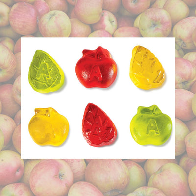 Gummy apple-shaped candies with an 'A'  for Albanese. Three flavors of apple varieties- McIntosh, Granny Smith, and Red Delicious. Order at harvestarray.com before they're gone.