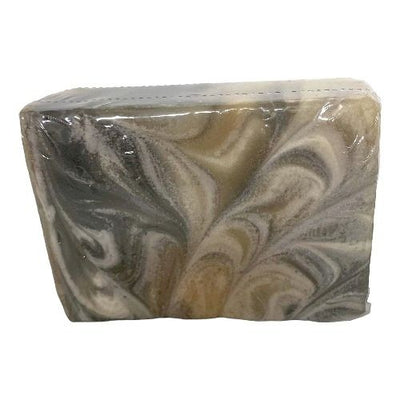 Our Cold Steel Handmade Goats Milk Bar Soap is swirled with dark gray, and light brown colors.
