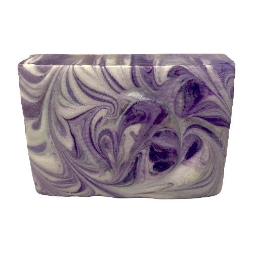 Lavendar scented Handmade Goats Milk Bar Soap has purple and grey swirls throughout.