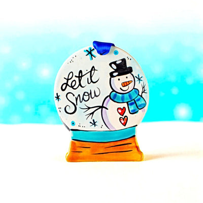 Hand Painted Let it Snow Snowman Snow Globe Christmas Ornament. Available online at harvestarray.com.