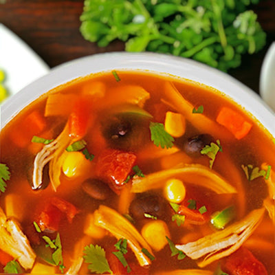 Homemade South of the Border Tortilla Soup is ready in minutes when you use Harvest Array's  Anderson House South of the Border Tortilla Soup Mix.