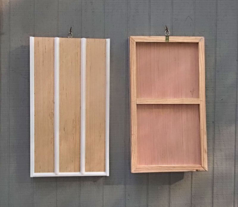Front and back view of a Set of 2 Unfinished Wood Hanging Display Racks for Die Cast Collectable Cars