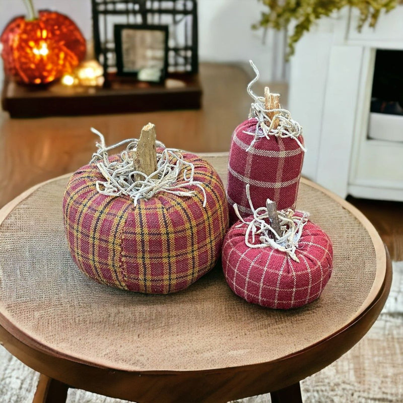 Set of 3 - Burgundy Plaid Pumpkins with Spanish Moss on Top