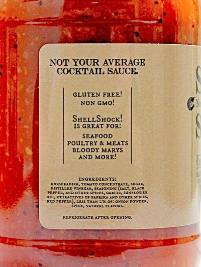 Close up of the list of Ingredients in Shell Shock Cocktail Sauce. 