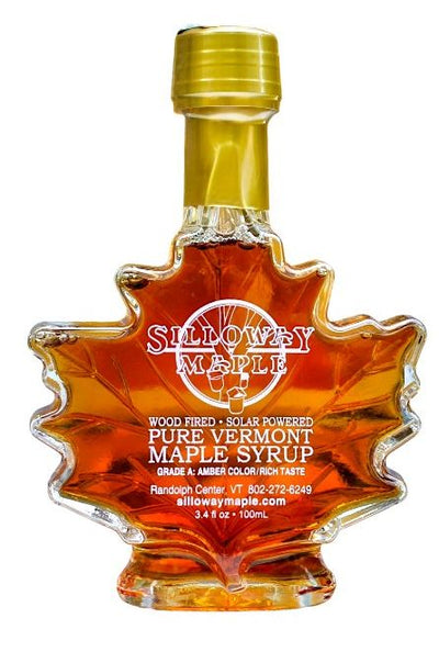 3.4 oz leaf shaped bottle of Silloway Maple Purw Vermont Maple Syrup make a nice gift from Harvest Array.