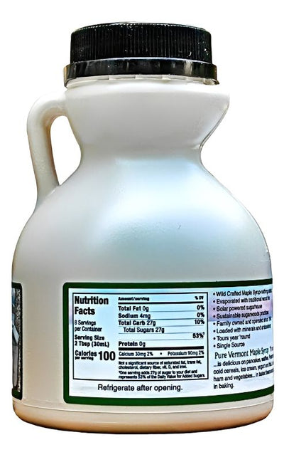 Nutrition Facts of Silloway Maple's Half Pint Jug of Pure, Rich, Vermont Maple Syrup.