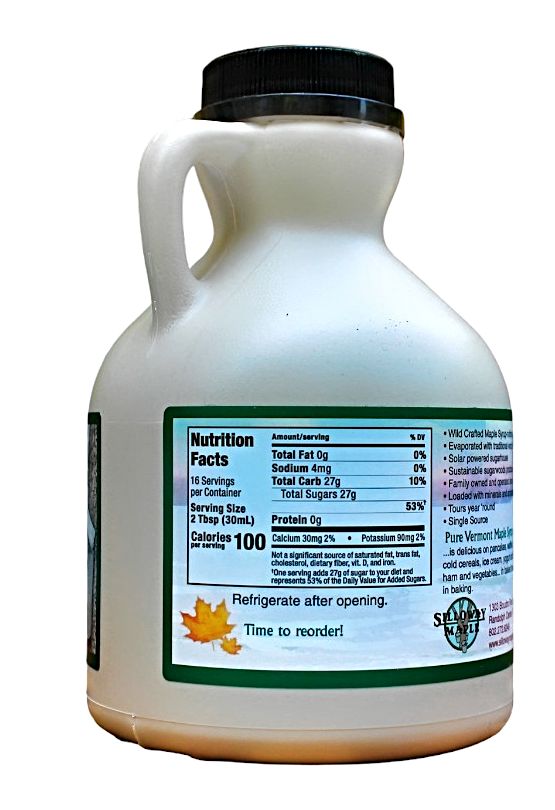 Nutrition Facts of this Rich Vermont Maple Syrup One Pint Jug for Harvest Array