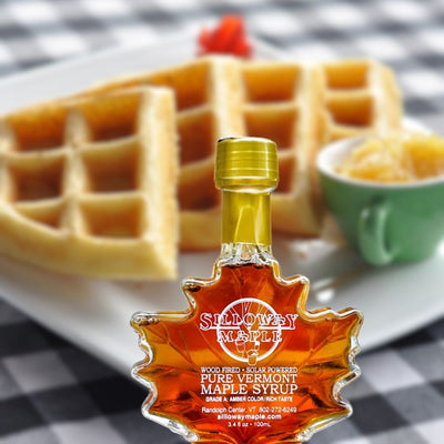 Silloway Maple's Pure VT Maple Syrup is amazing on waffles. Purchase this adorabe 3.4 oz. glass leaf bottle from Harvest Array.