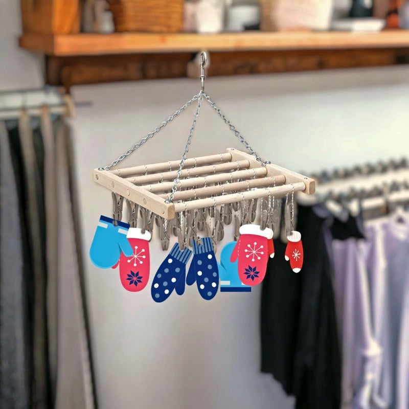 Small Clothespin Hanger Rack - 25 Poly Clothespins for socks, mittens, hats and other small clothing items.