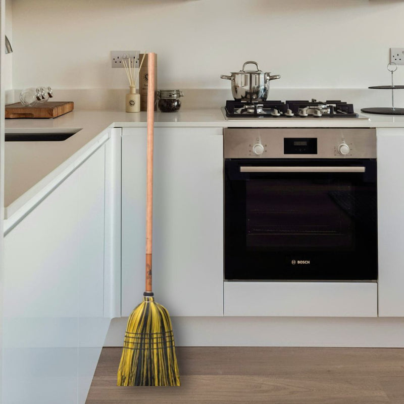 Looking for Amish-made Medium Brooms with hardwood handles and natural broomcorn bristles? Harvestarray.com has what you need in a variety of colors. Shown here is a yellow  and black broom.
