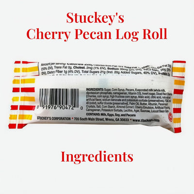 Stuckey's Cherry Pecan Log Roll  ingredients list. 1.6 oz log roll. 