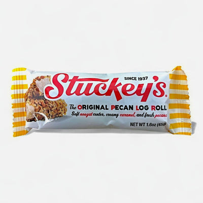 Stuckey's pecan log roll candy bar with soft vanilla nougat center, creamy caramel, and fresh pecans. A nostalgic original. Available from harvestarray.com.