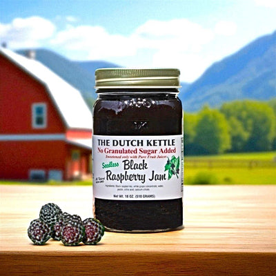 Dutch Kettle No Sugar Added Seedless Black Raspberry Jam. No Seeds, No added granulated sugar.