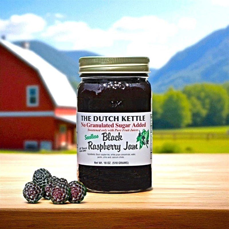 Dutch Kettle No Sugar Added Seedless Black Raspberry Jam. No Seeds, No added granulated sugar.