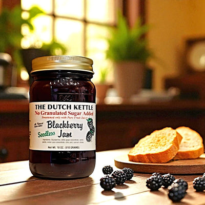 The Dutch Kettle Seedless and No Sugar Added Blackberry Jam made in the Mountains of North Carolina. Available for online purchase at Harvest Array.
