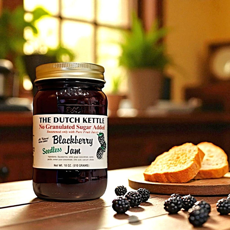The Dutch Kettle Seedless and No Sugar Added Blackberry Jam made in the Mountains of North Carolina. Available for online purchase at Harvest Array.