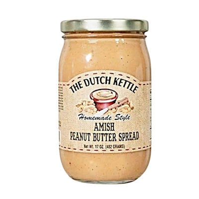 Dutch Kettle Homemade Style Amish Peanut Butter Spread in a 17 oz. glass jar. Order online at harvestarray.com.