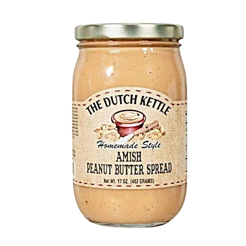 Dutch Kettle Homemade Style Amish Peanut Butter Spread in a 17 oz. glass jar. Order online at harvestarray.com.