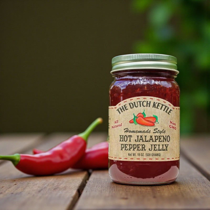 The Dutch Kettle Homestyle Hot Jalapeno Pepper Jelly has a real kick. Great poured over a brick of Cream Cheese.
