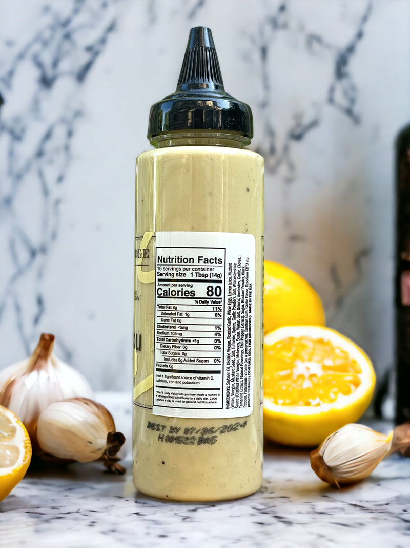 Nutrition Facts for Terrapin Ridge Lemon Garlic Aioli Garnishing Sauce in a Squeeze Bottle.