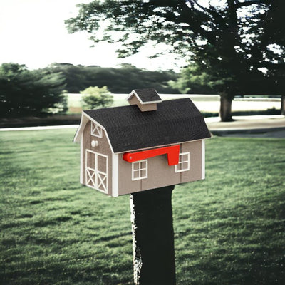 Tan and white Wooden Barn Mailbox on the post