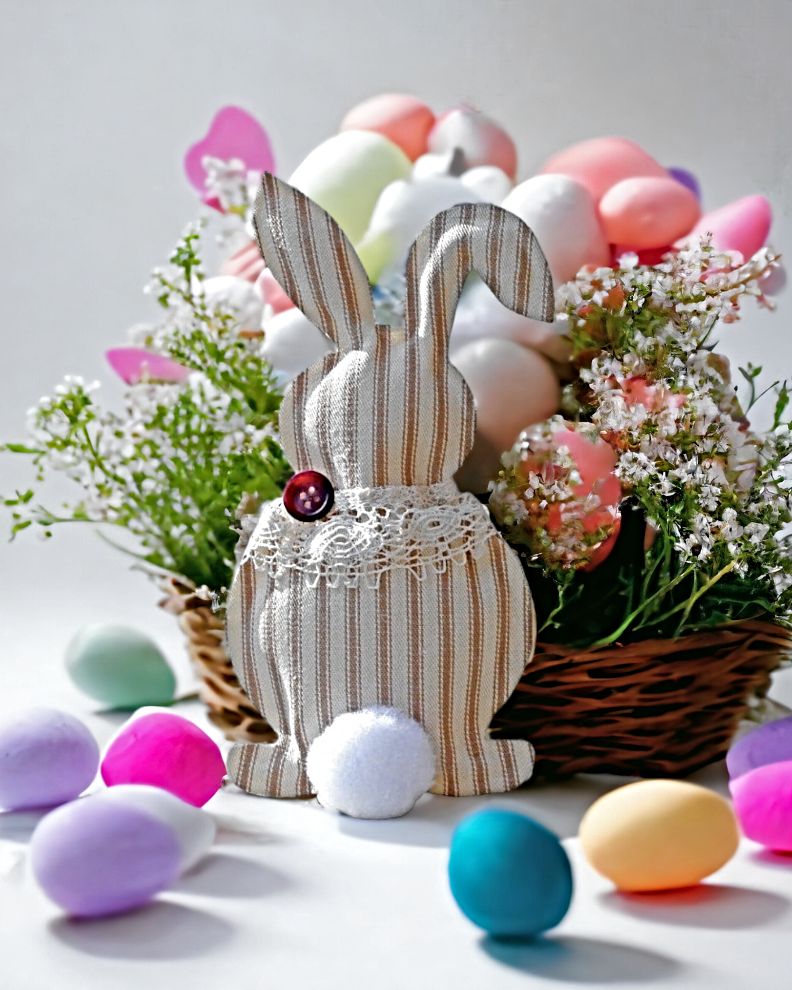 Delightful Easter decor - Striped Bunny Decorations with soft cotton tails and charming lace shawls with button accents.