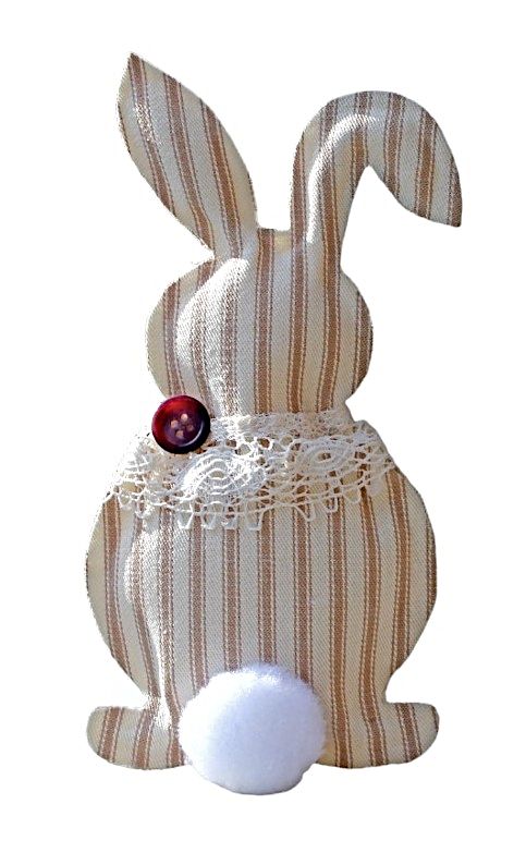  Tan and Cream Striped Easter Bunny Spring with red button accent. Size: 8" H x 4" L x 1" W. Available at harvestarray.com