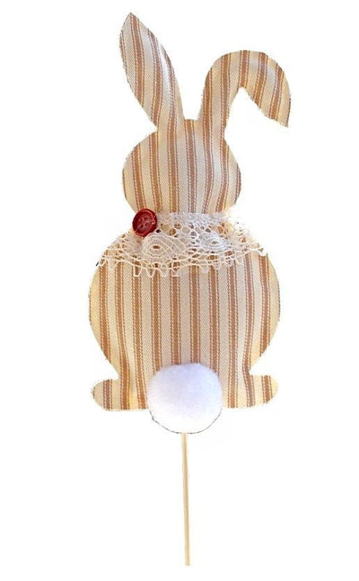 Tan and cream striped Easter Bunny Decoration for the yard or as a plant stake. It has a big fluffy cotton tail and a lace shawl with a button accent. Shop online at Harvest Array