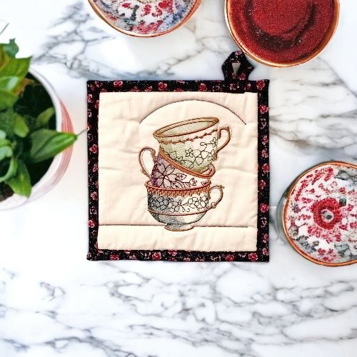 Elegant "Three Teacups," Embroidered Potholders/Hot Pads