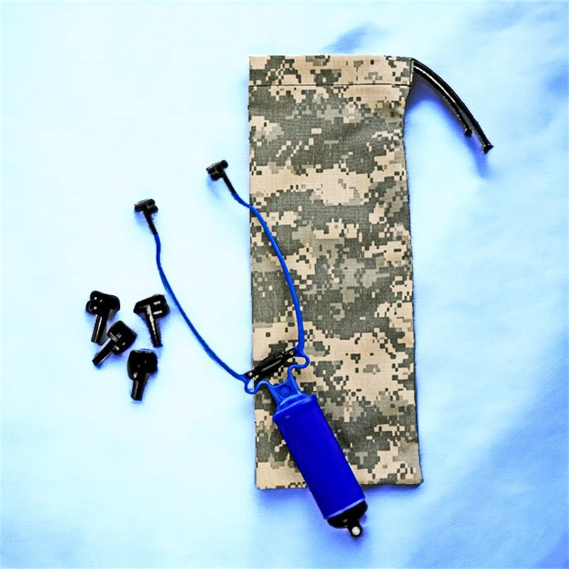 Dark Blue Temple Massager™ with 2 Extra Sets of Massage Tips and Camo Carry Bag. Available at Harvest Array.