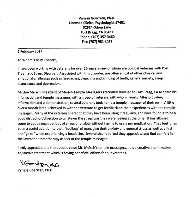 Letter of endorsement of the Pink Temple Massager™  from a Clinical Psychologist who works with Combat Vets with PTSD. 